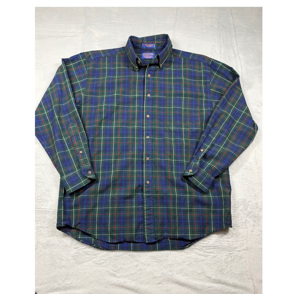 Sir Pendleton Shirt Mens Large Green Navy Hunting Tartan Plaid Virgin Wool